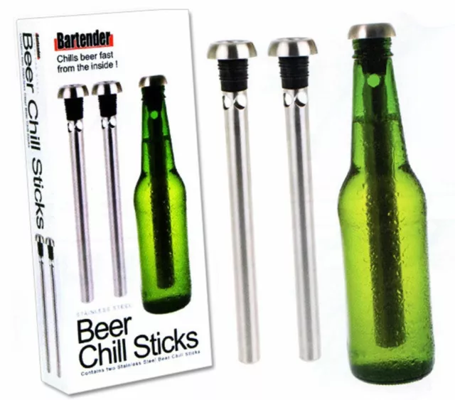 NEW BEER CHILL STICK SET OF 2 Stainless Steel Chiller Ice Cold Pourer Spout Bott