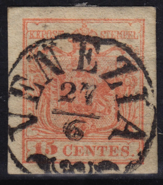LOMBARDEI-VENETIEN 1850 2Stk.Marke:15C und 30C, Verschiedene VENEZIA Stempeln