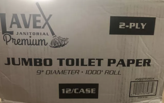 12/Case Lavex Janitorial 2-Ply Jumbo Toilet Paper Roll w/ 9 Diameter White Bulk