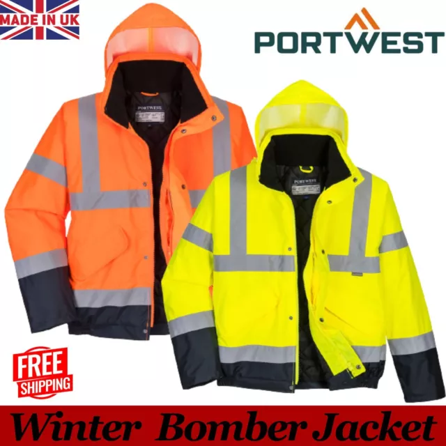 Portwest Hi Vis Two-Tone Bomber Jacket Waterproof Workwear Padded Hooded Coat UK