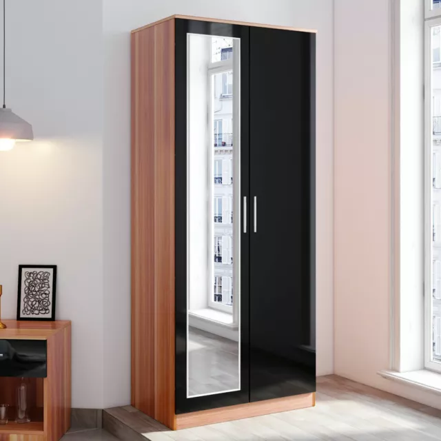 2 Door Double Wardrobe Storage Black Walnut Full Mirrored High Gloss Furniture