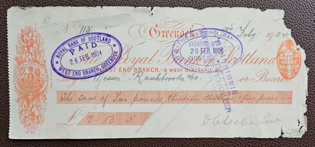 1904 The Royal Bank of Scotland, West End Branch, Greenock GB Cheque