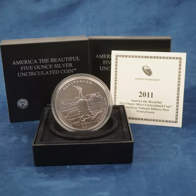 2011 America the Beautiful 5oz Silver Coin Gettysburg Nat Military Park PA.
