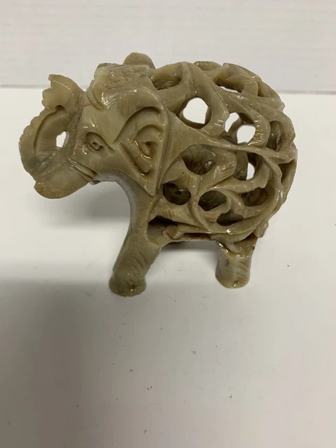 Handmade Soapstone Elephant Carring Baby Carved Sculpture Figure Detailed Design