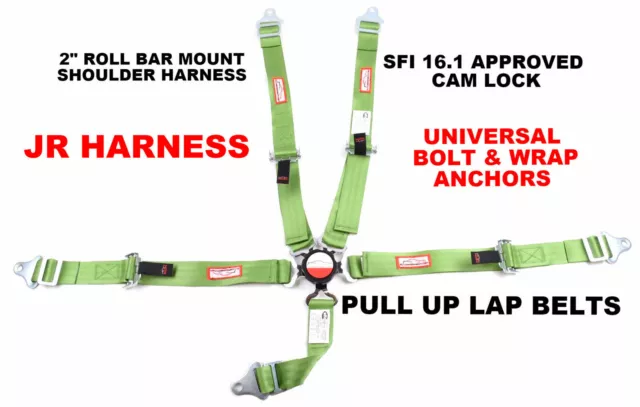 Youth Racing Harness Sfi 16.1 5 Pt Cam Lock Roll Bar Mount Belt Lime Green