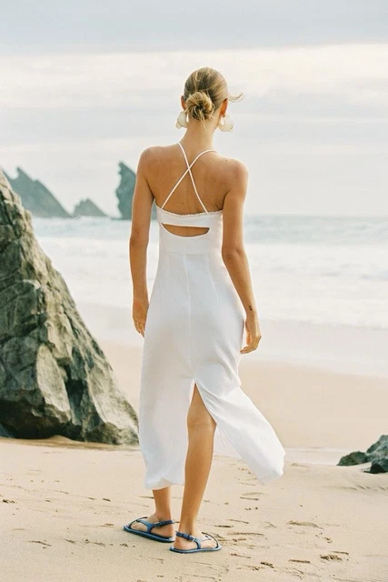 knee length dresses for ladies ZARA. White linen midi dress Ts – Hibuy market