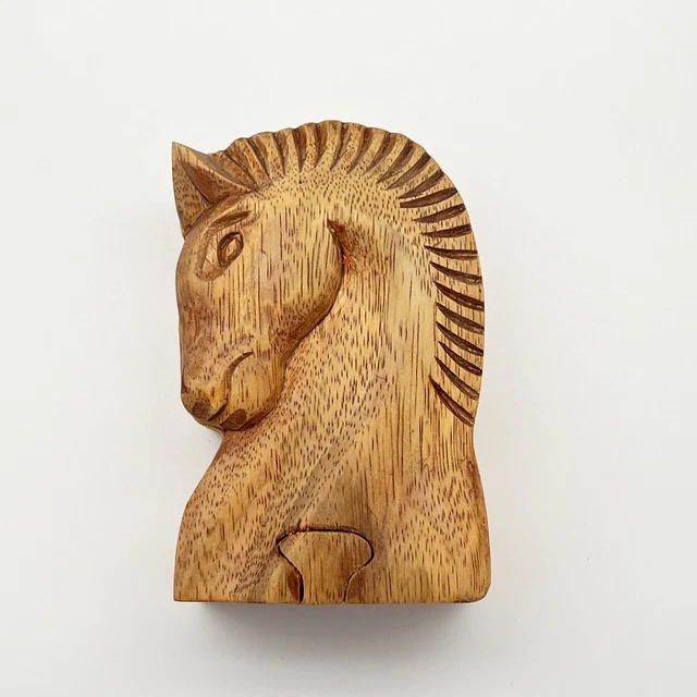 Vintage Wooden “Horse Head” Hand Carved Puzzle Trinket Jewelry Box