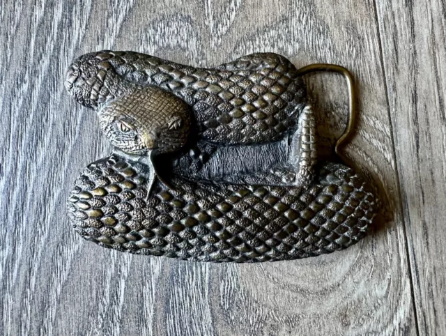 Vintage coiled rattlesnake belt buckle Bergamot Brass Works 1976