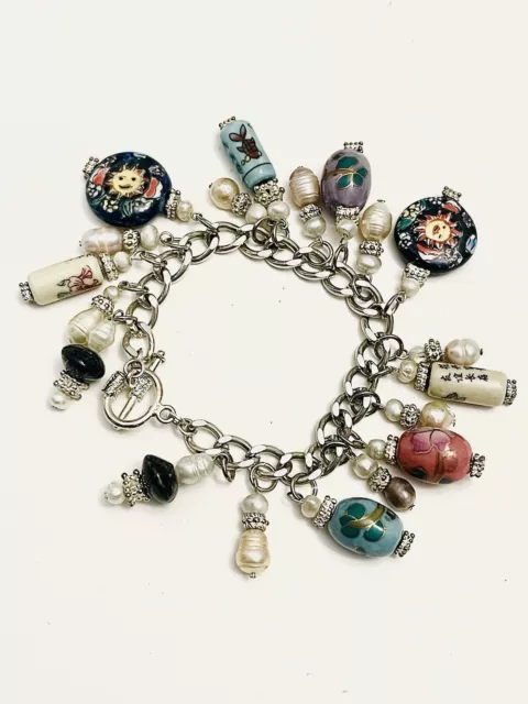 Cloisonné Pearl Bracelet Charm Dangles Chain Pink Blue White Flowers 7 Inch