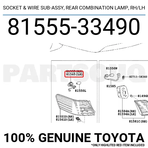 8155533490 Toyota SOCKET &amp; WIRE SUB-ASSY, REAR COMBINATION LAMP, RH/LH OEM