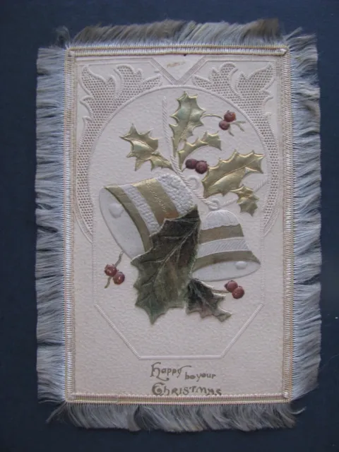 Victorian Silk Fringe Christmas Card Embossed Velvet Leaves Holly Gilt