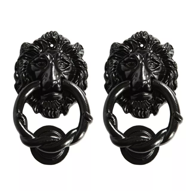 2x Lion Head Door Knocker Cast Iron Vintage Antique Country Style H150mm Black