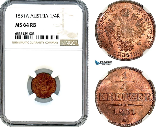 AI407, Austria, Franz Joseph, 1/4 Kreuzer 1851 A, Vienna Mint, NGC MS64RB