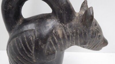 Pre-Columbian Pottery Crouching Animal Stirrup Vessel Chimu Peru South America 2