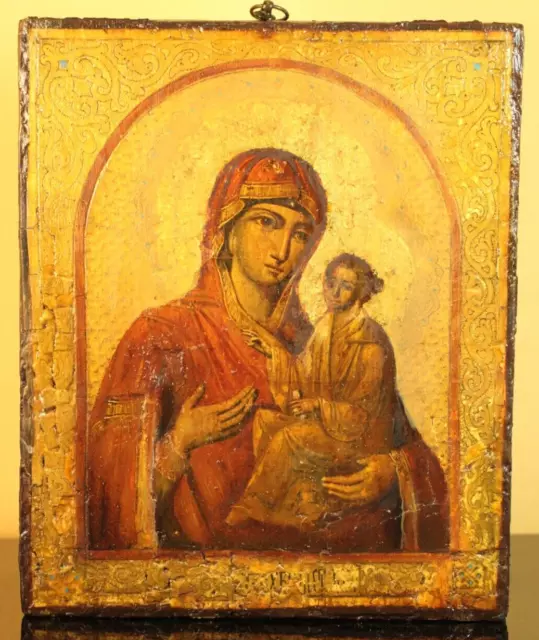 Antique 19th Century Russian Hand painted Orthodox Icon of Mother of God