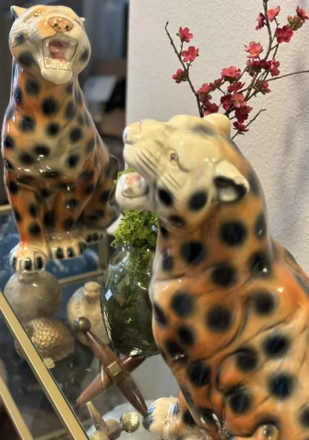 Italian Handcrafted Large Porcelain Cheetah Statues (x2) Ceramic 1950