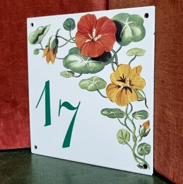 French vintage enamel flower house sign number 17 for door wall gate portal .