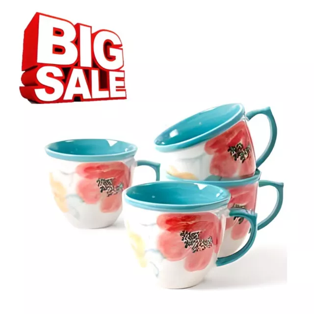 The Pioneer Woman Vintage Flea Market Floral Turquoise 16 Oz Coffee Cups Mugs 4