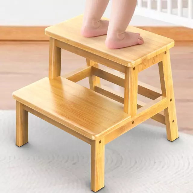 Multi-Purpose 2 Step Stool for Kids Adults Natural Bamboo Kids Toddler Stepping