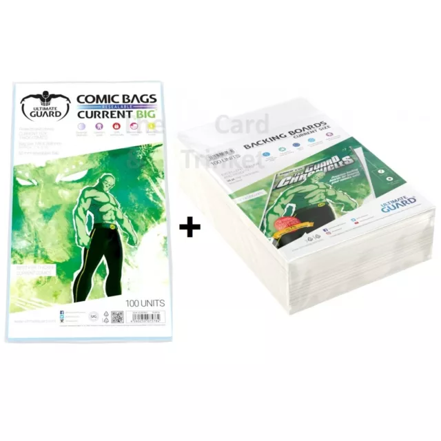 100 Ultimate Guard BIG RESEALABLE Current Size Comic Bags + 100 Backing Boards
