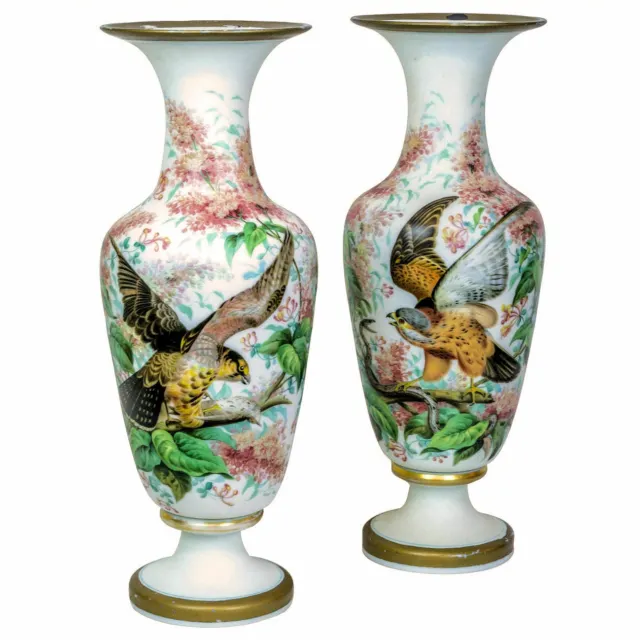 Pair Antique French Painted Opaline Glass Vases