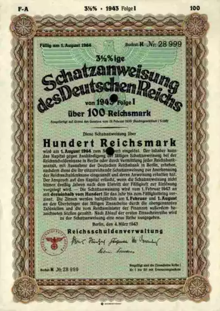 DEUTSCHES Reich Schatzanweisung 1943 Berlin Adler 100 RM S Schultzenstein Kupons