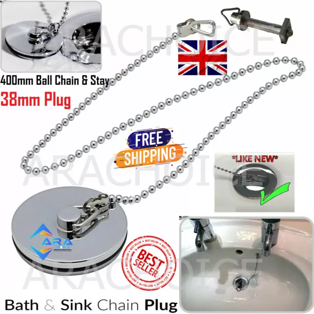 CHROME PLUG 38mm/44mm CHAIN/TIDY Sink/Basin/Bath Bathroom Kitchen SMALL/LARGE UK