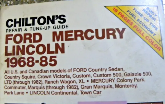 Chilton's 1968-1985 Ford Lincoln Mercury Repair Manual Book Town Car Crown Vic +