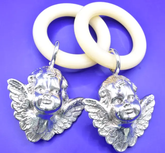 2 Vintage Cherub Angels Putti Silver Plate Baby Teething Ring Rattle Gift Twins