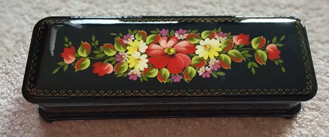 Alte Russische Lackdose Blumen Schostowo Stil Schatulle UdSSR Malerei Russland