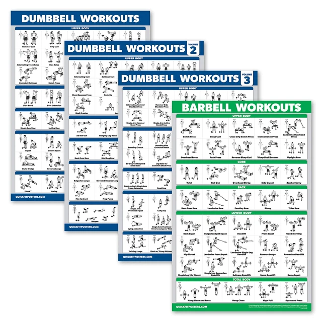 4 Pack Dumbbell Workout Posters + Barbell
