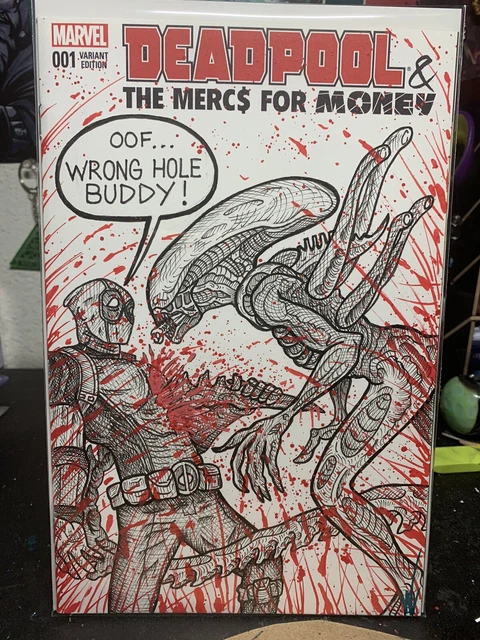 comic book sketch cover original art Deadpool vs xenomorph alien