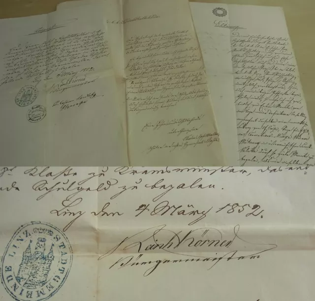 3 Dokumente LINZ & KREMSMÜNSTER 1852 Befreiung Schulgeld, Signatur Bürgermeister