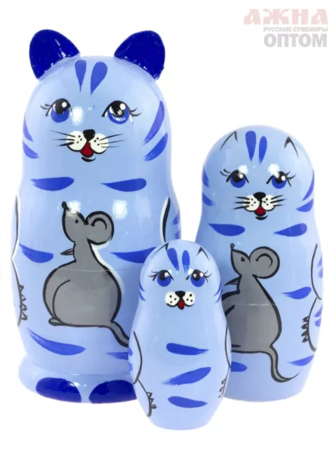 Matroschka 3tlg. Katze mit Maus handgemalt Russland  neu, 10,5 cm