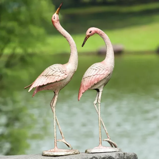 Stylish Nature & Whimsy Pink Cast Iron Flamboyant Crane Garden Pair
