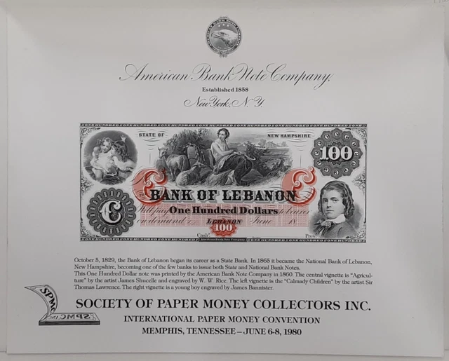 ABNC Souvenir Card 1980 IPMS - Bank of Lebanon NH $100 Obsolete Note  SO-4