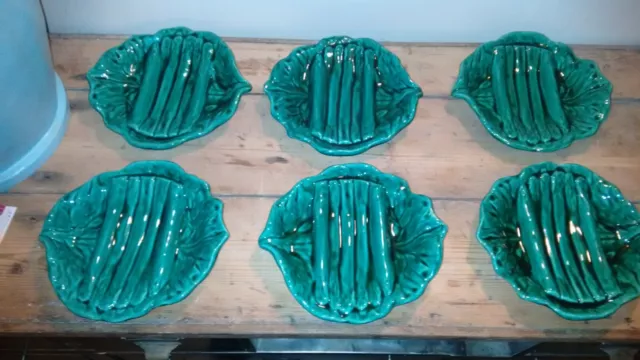 Vintage Set of 6 asparagus Plates green French Vallauris  Faience Majolica