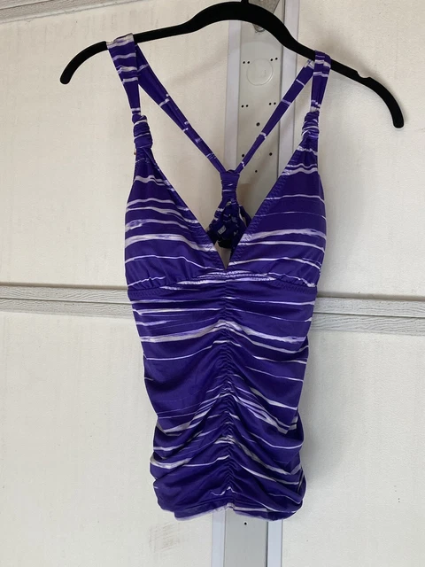 Athleta Tankini Top Womens Sz Med 34B 34C purple and white w/ cute tie in back.