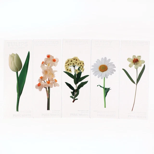 White Flowers Transparent Bookmarks Floral Daisy Tulip Plastic - Set of 5