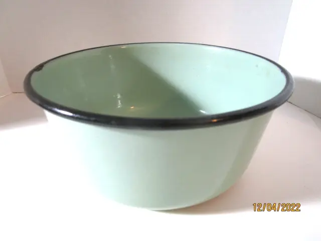 Vintage Green Enamelware 9" Metal Mixing Bowl Black Rim