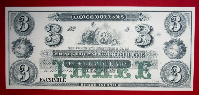 U.s.a. Replica 1860 New England  Bank   State Of Rhode Island  3 Dollar Banknote