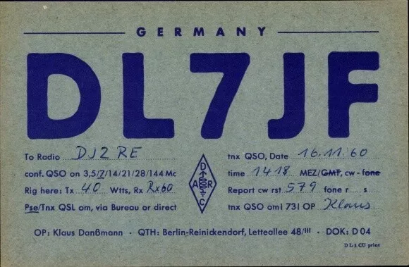 Ak QSL Karte, Funkerkarte, DL7JF, Klaus Danßmann, Berlin - 3009689