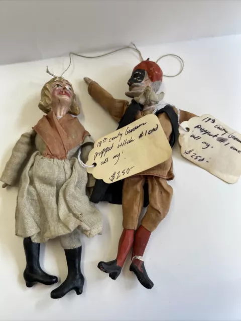 Antique 19th Century Hand Crafted Puppets Set of 2 German Witch Doll Marionette