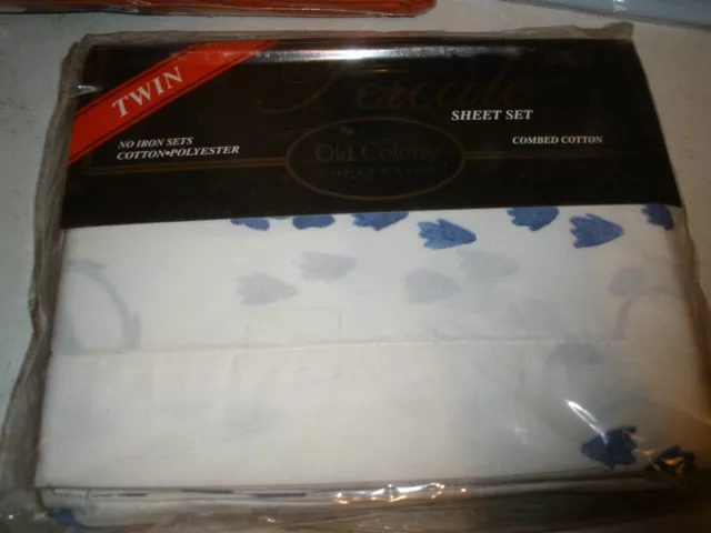 NEW Vintage Old Colony Percale Sheet Set TWIN White & Blue (NSH11)