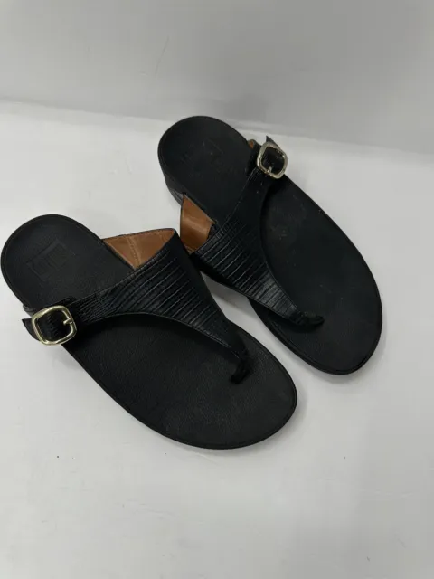 FitFlop Sandals Womens 7 The Skinny Flip Flops Leather Black Wedge Thong
