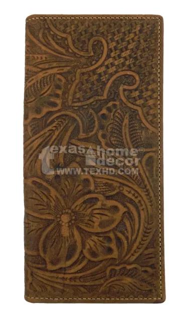 Men's Rodeo Wallet Bi-Fold Genuine Tooled Leather Woven Floral Brown Western
