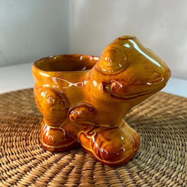 Vintage Cherokee Burnt Gold Orange Ceramic Pottery Frog Plant Holder