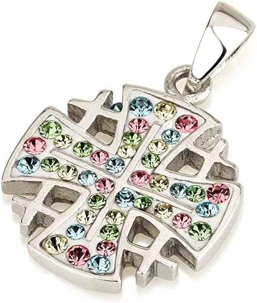 CIONDOLO CROCE DI Gerusalemme Cristallo Blu Doratura Argento 164109838508