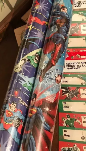 2 Superhero Gift Wrap Paper Rolls Superman Wonder Woman Wrapping TAGS Fast Ship