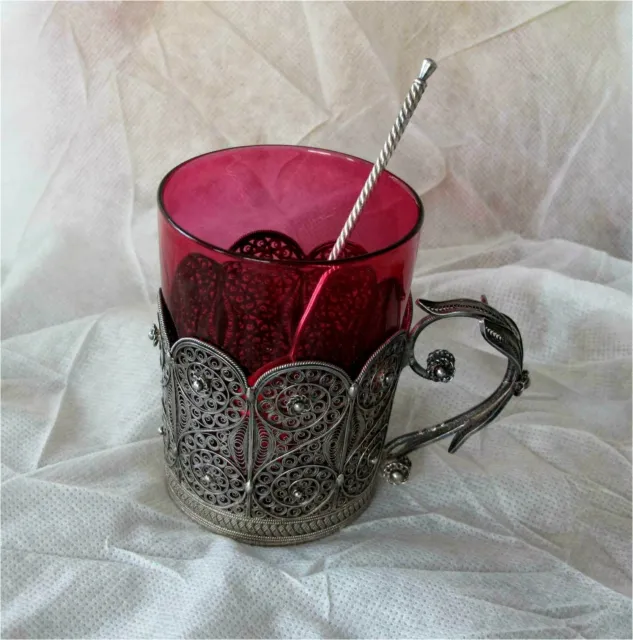 Russian 84 Sterling Silver Filigree Tea Glass Holder Tbilisi Georgia Antique